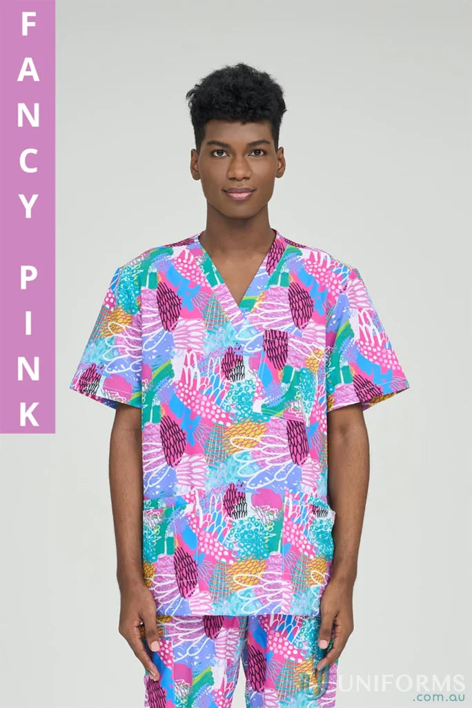 Vibrant patterned Gliding Bunjil Inclusive Top in pink, blue, green, and purple