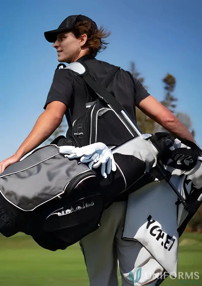 Black and gray golf bag with yarn dyed towel featuring cotton yarn dyed for a luxurious feel