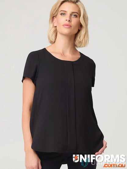 Black short-sleeved blouse from City Collection Grace with semi-fitted design and hi-lo hemline