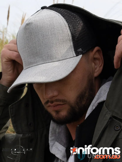 Light grey and black trucker hat from Grey Marle American Twill workwear collection with mesh back