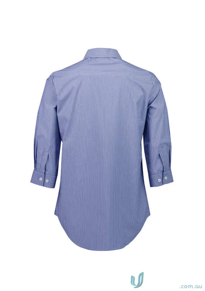 Blue and white striped Conran tailored ladies 3Q shirt with Bengal stripe pattern