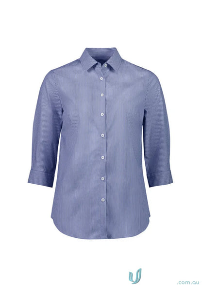Blue and white Bengal stripe pattern Greythorne Tailored Ladies 3Q Shirt from Biz Collection Conran