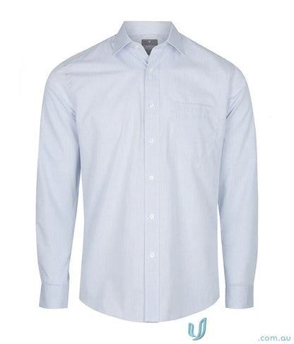 Light blue long sleeve textured shirt from Guildford Square with easy iron finish