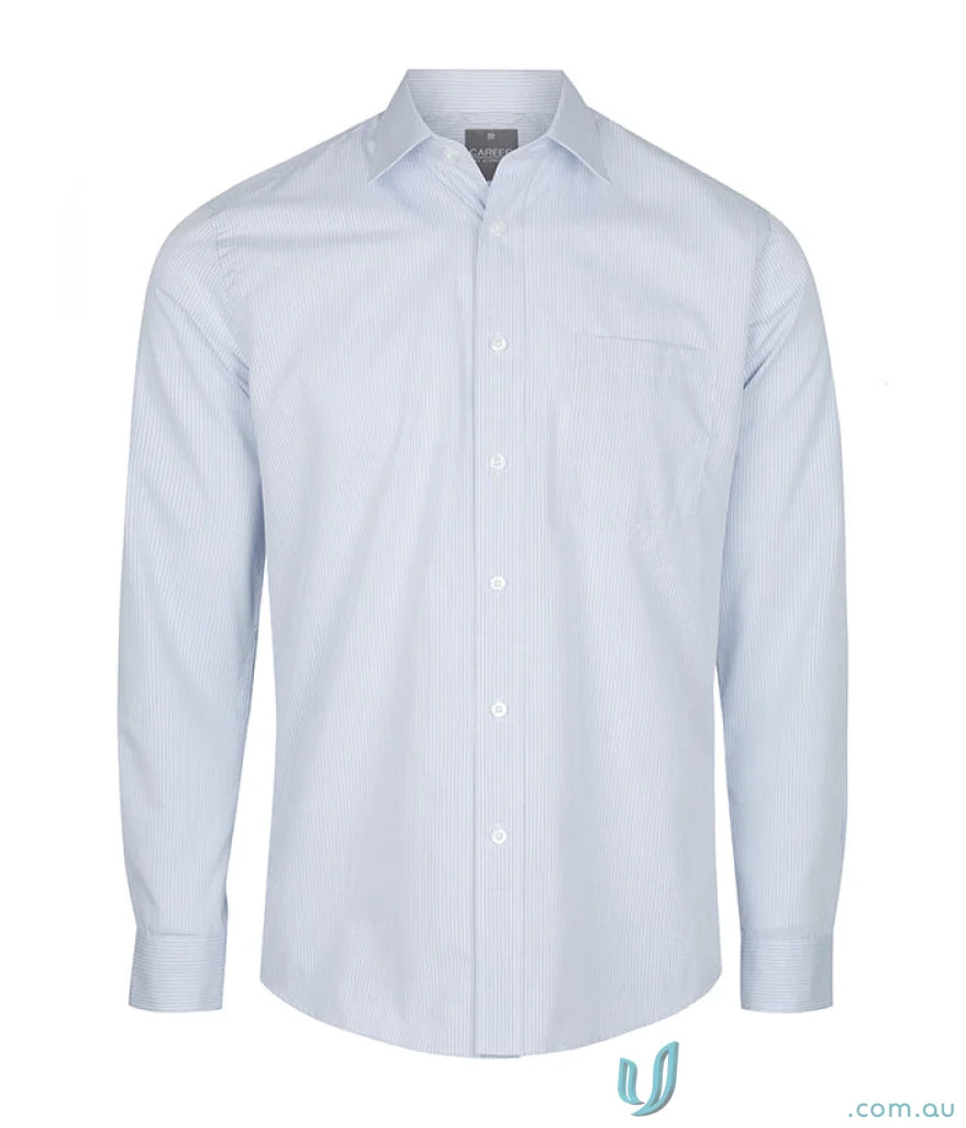 Light blue long sleeve textured shirt from Guildford Square with easy iron finish