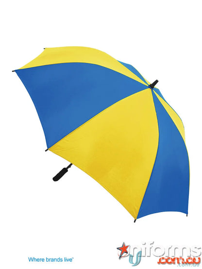 Blue and yellow Gusto Umbra umbrella with a high-quality, wind-resistant frame for uniforms