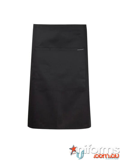 Black workcraft half apron with herringbone tape ties and small front pocket for hospitality pros