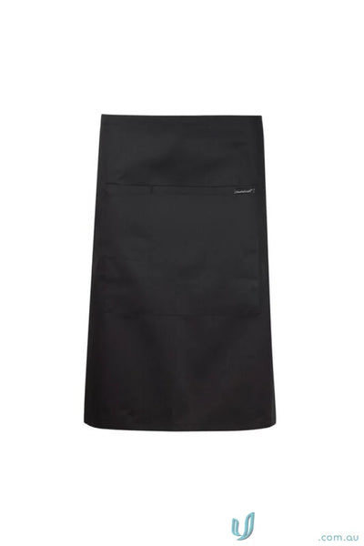 Black workcraft half apron with herringbone tape ties and a chest pocket for hospitality pros