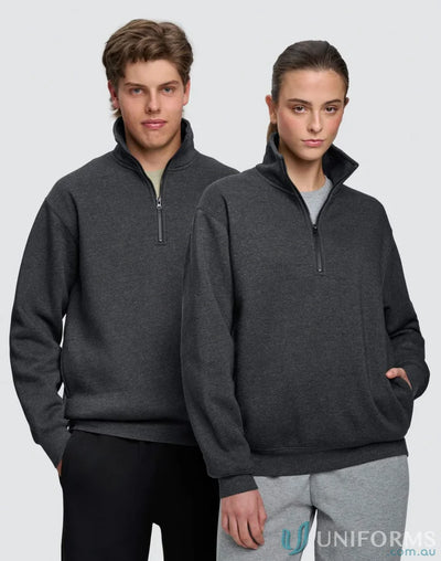 Two people in gray Falcon Fleece Half Zip Sweatshirts made from soft fleece fabric