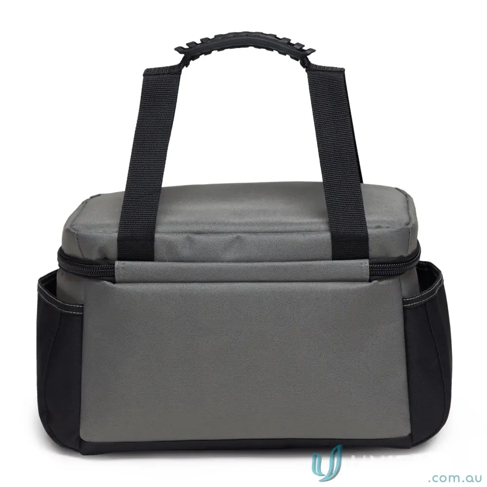Gray and black insulated cooler bag with top handle and side pockets for easy carrying