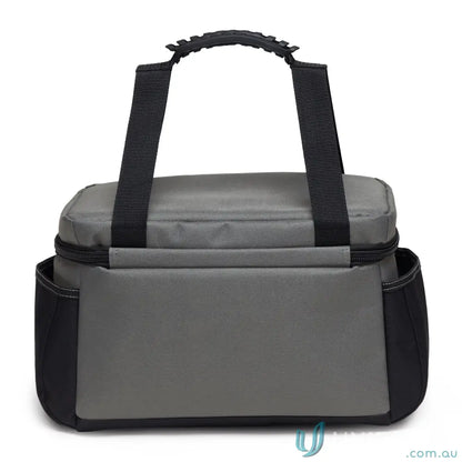 Gray and black insulated cooler bag with top handle and side pockets for easy carrying