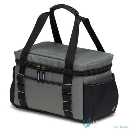 Gray and black insulated cooler bag with top handle and shoulder straps for keeping drinks cold