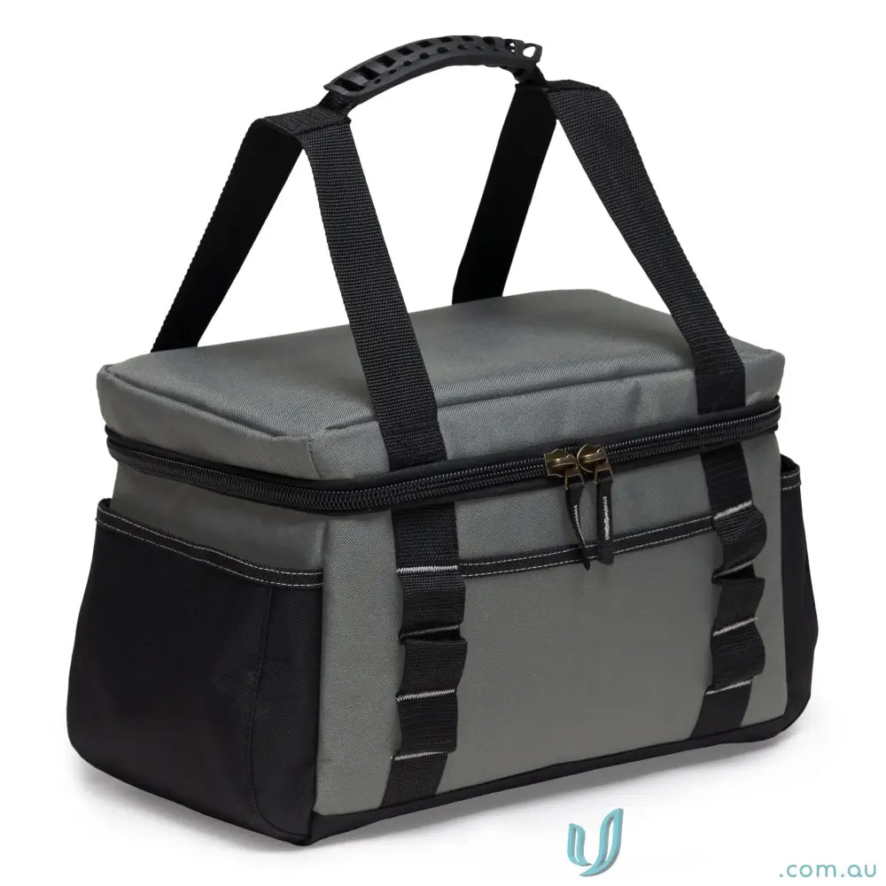 Gray and black insulated cooler bag with top zipper, handles, and exterior pockets