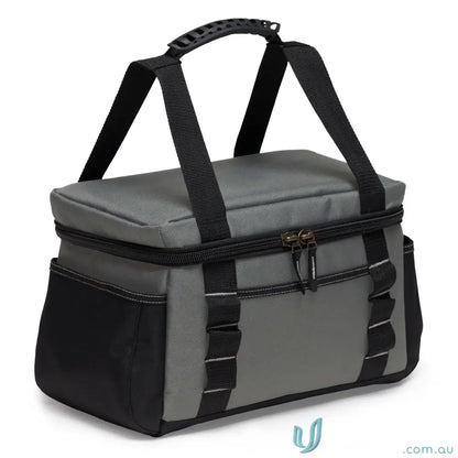 Gray and black insulated cooler bag with top zipper, handles, and exterior pockets