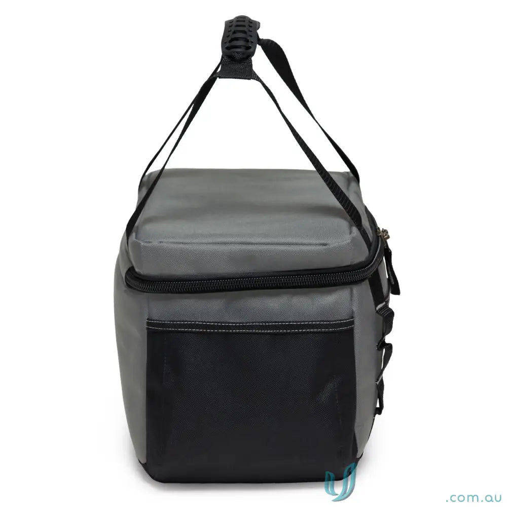 Gray and black insulated cooler bag with top handle and front pocket for easy carrying