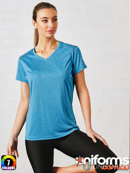 Blue V-neck athletic shirt from Ts46 Harland Tee, perfect for winning spirit Harland ladies tee