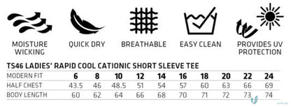 Clothing size chart with fabric details for Harland Ladies Tee, perfect for winning spirit harland fans