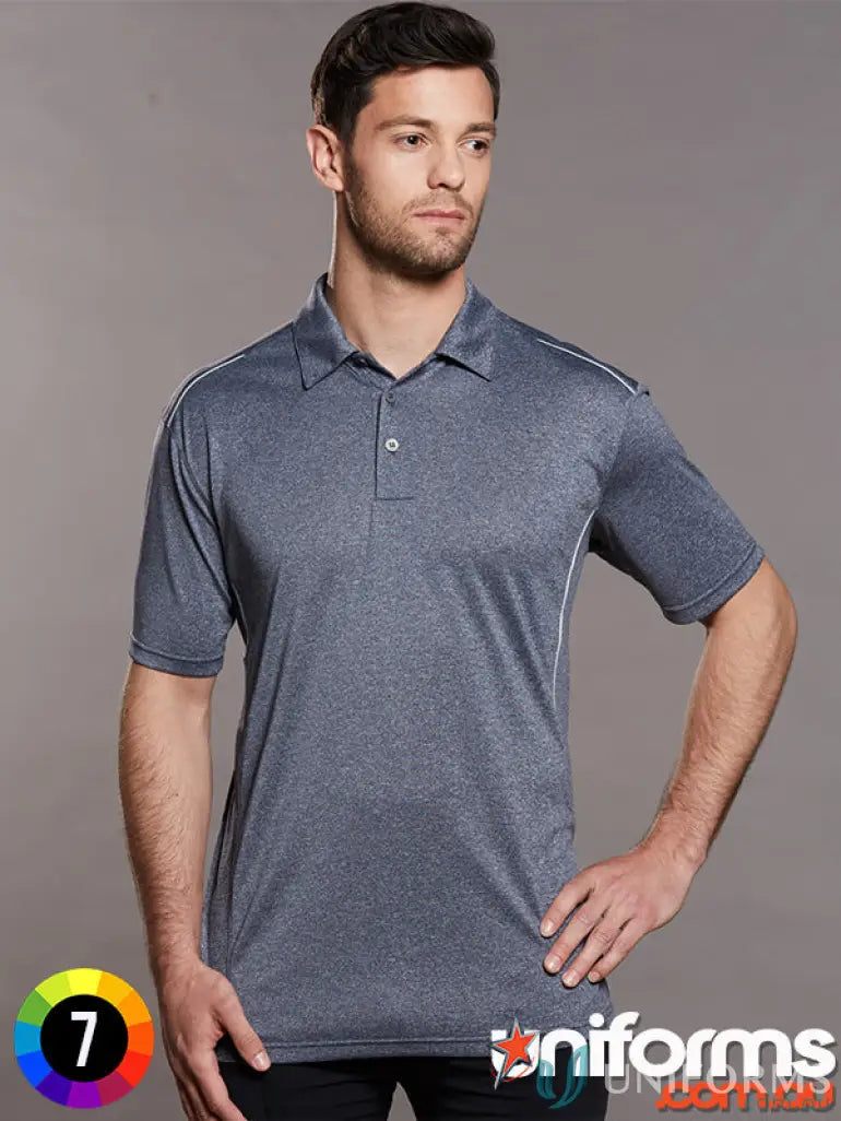 Gray Harland Polo short sleeve polo with white trim, featuring rapid cool cationic fabric