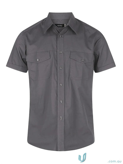 Gray short-sleeved button-down shirt from Harley SS workwear collection