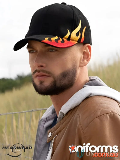 Black baseball cap with flame design from HBC high stock range, perfect for days imprint