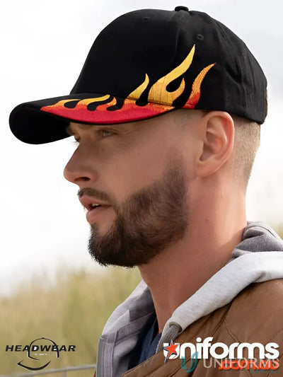 Black baseball cap with flame design from HBC high stock range, wide centimeters imprint