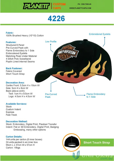 Black HBC cap with flame embroidery, high stock range, wide centimeters inches days imprint