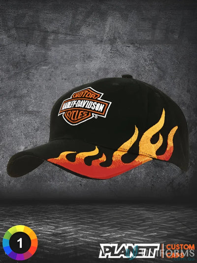 Black Harley-Davidson flame cap from high stock range, with wide centimeter inches design and days imprint