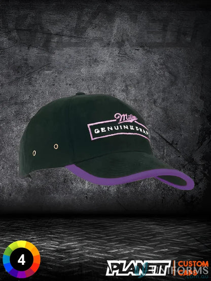 Black baseball cap with purple brim from HBC Peak and Arch Trim stock range