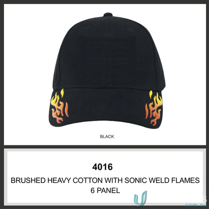 High quality stock black baseball cap with flame design from HBC with Sonic Weld Flames