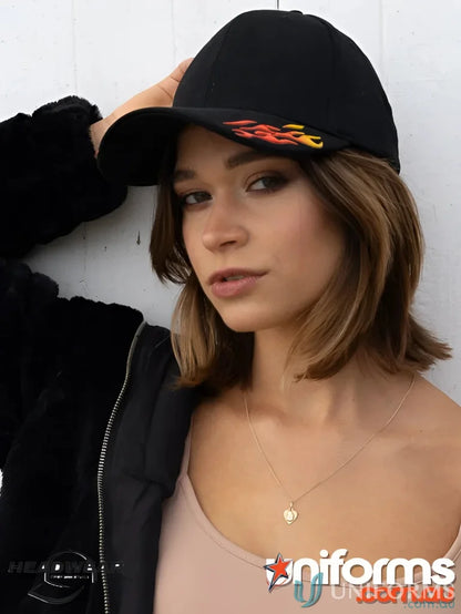 High quality stock black cap with flame design from HBC with Sonic Weld Flames