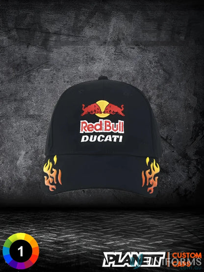 Black Red Bull Ducati cap from HBC with Sonic Weld Flames featuring high quality stock