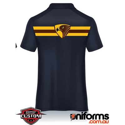 Dark navy hcjfc polo shirt back with yellow brown eagle logo and stripes ideal for workwear uniforms