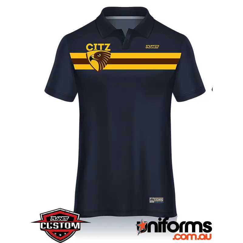 Navy blue hcjfc polo shirt with gold and brown stripes and eagle logo above citz text perfect for work uniforms