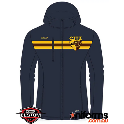 Dark navy blue hcjfc softshell jacket with yellow brown stripes and eagle logo by citz perfect for work uniforms