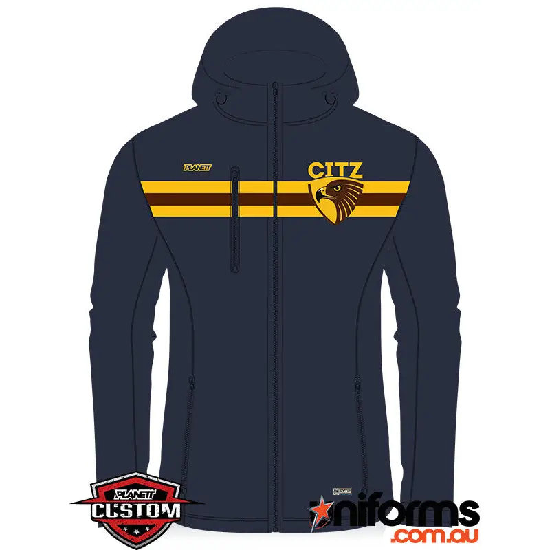 Dark navy blue hcjfc softshell jacket with yellow brown stripes and eagle logo by citz perfect for work uniforms