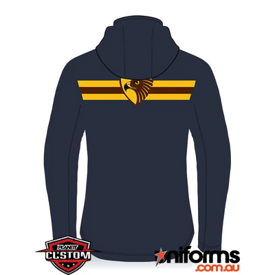 Navy blue hcjfc softshell jacket with yellow brown eagle logo and stripes perfect for work uniforms and workwear