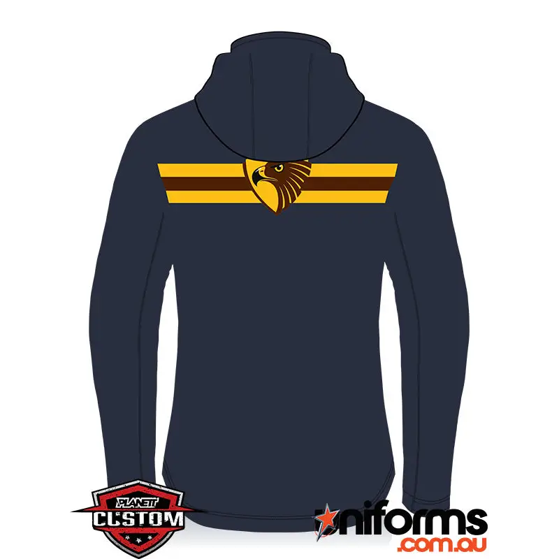 Navy blue hcjfc softshell jacket with yellow brown eagle logo and stripes perfect for work uniforms and workwear