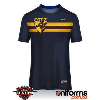 Navy blue hcjfc training tee with bold yellow and brown stripes and gold eagle logo perfect for work uniforms