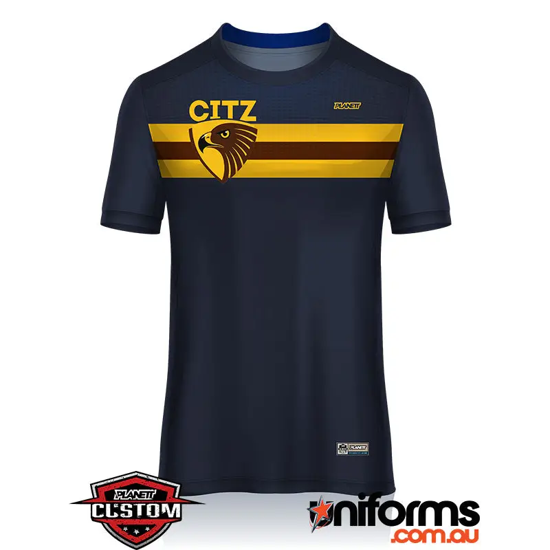Navy blue hcjfc training tee with bold yellow and brown stripes and gold eagle logo perfect for work uniforms