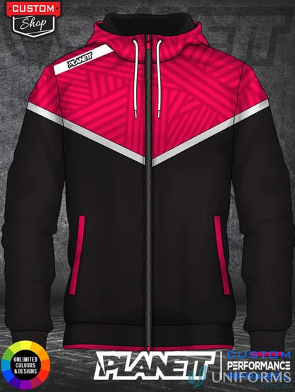 Pink and black hooded jacket from HD105 Custom DyeSub Mens Hoodie, perfect for custom made sublimated sports fabric garments