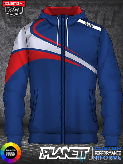 Blue hooded zip-up jacket on HD106 Custom DyeSub Ladies Hoodie, perfect sublimated apparel