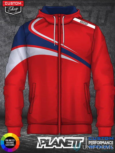 Red and blue hooded jacket from HD106 Custom DyeSub Ladies Hoodie made sublimated garments