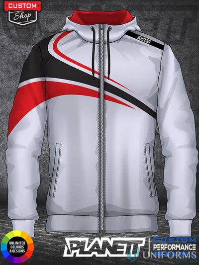 White hooded zip-up jacket with red and black accents from HD106 Custom DyeSub Ladies Hoodie showcasing sublimated apparel