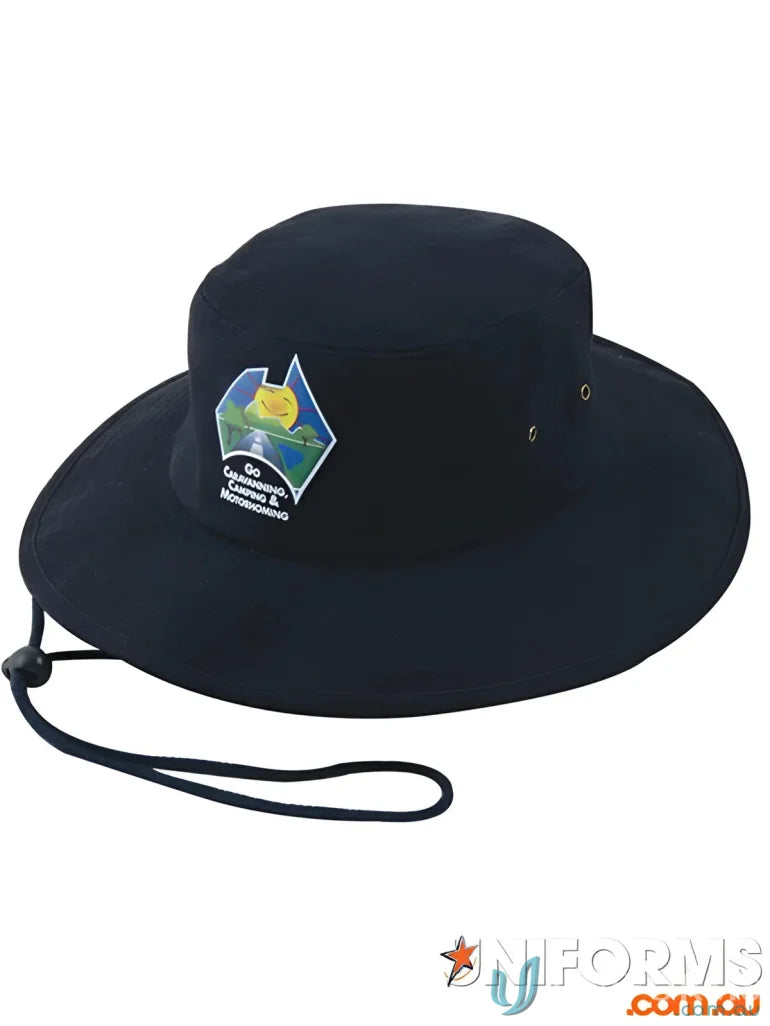Navy sun hat with chin strap in brushed heavy sports twill fabric