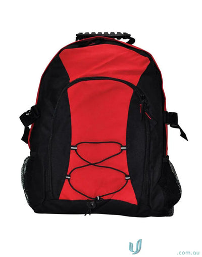Red and black Heart Foundation EMB Backpack with elastic lacing and easy access straps