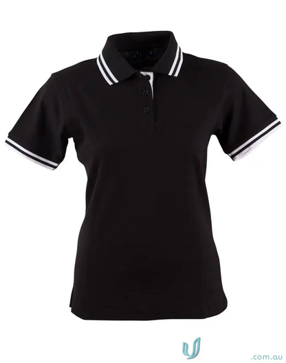 Black women’s polo shirt with white striped collar and cuffs from Heart Foundation EMB polo ps66 featuring truedry pique fabric