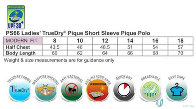 Size chart and features for Heart Foundation Ladies Pique Polo with truedry pique fabric