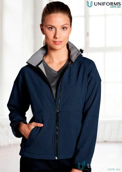Navy blue jk34 Aspen Softshell ladies hooded jacket for women, stylish softshell hoodie