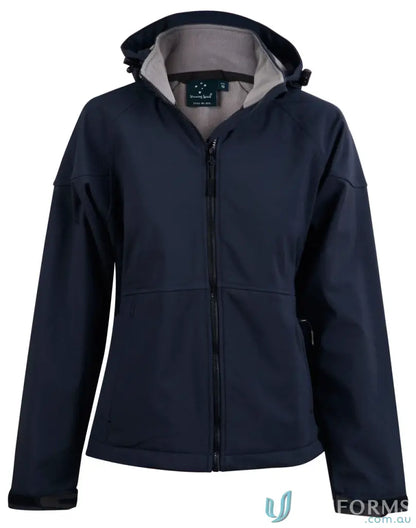 Navy blue ladies Aspen softshell hooded jacket jk34 for stylish weather protection