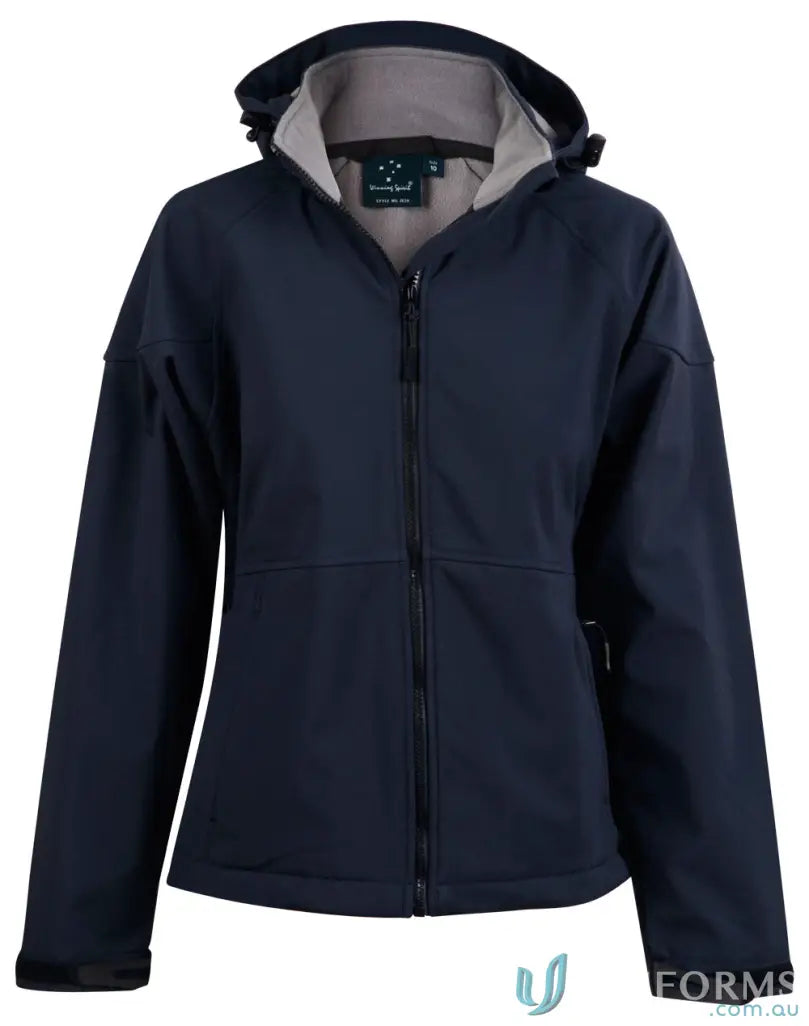 Navy blue ladies Aspen softshell hooded jacket jk34 for stylish weather protection