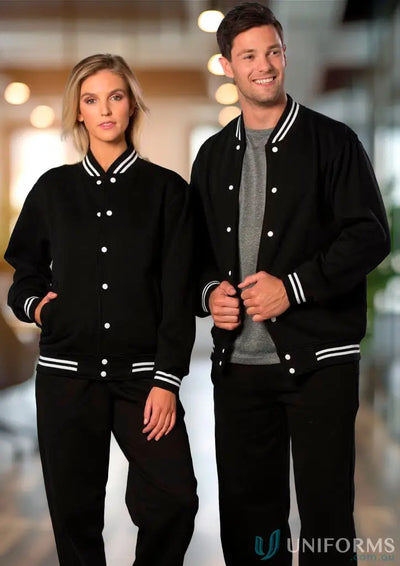 Matching black fleece varsity jackets from the Heart Foundation EMB Letterman Jacket collection